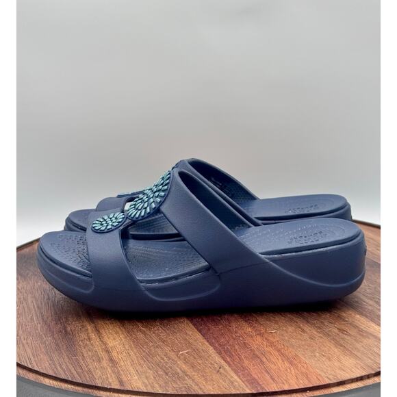 CROCS Monterey Diamante Wedge Women's 5 Navy Blue Slides Open Toe Shoes - Picture 3 of 9